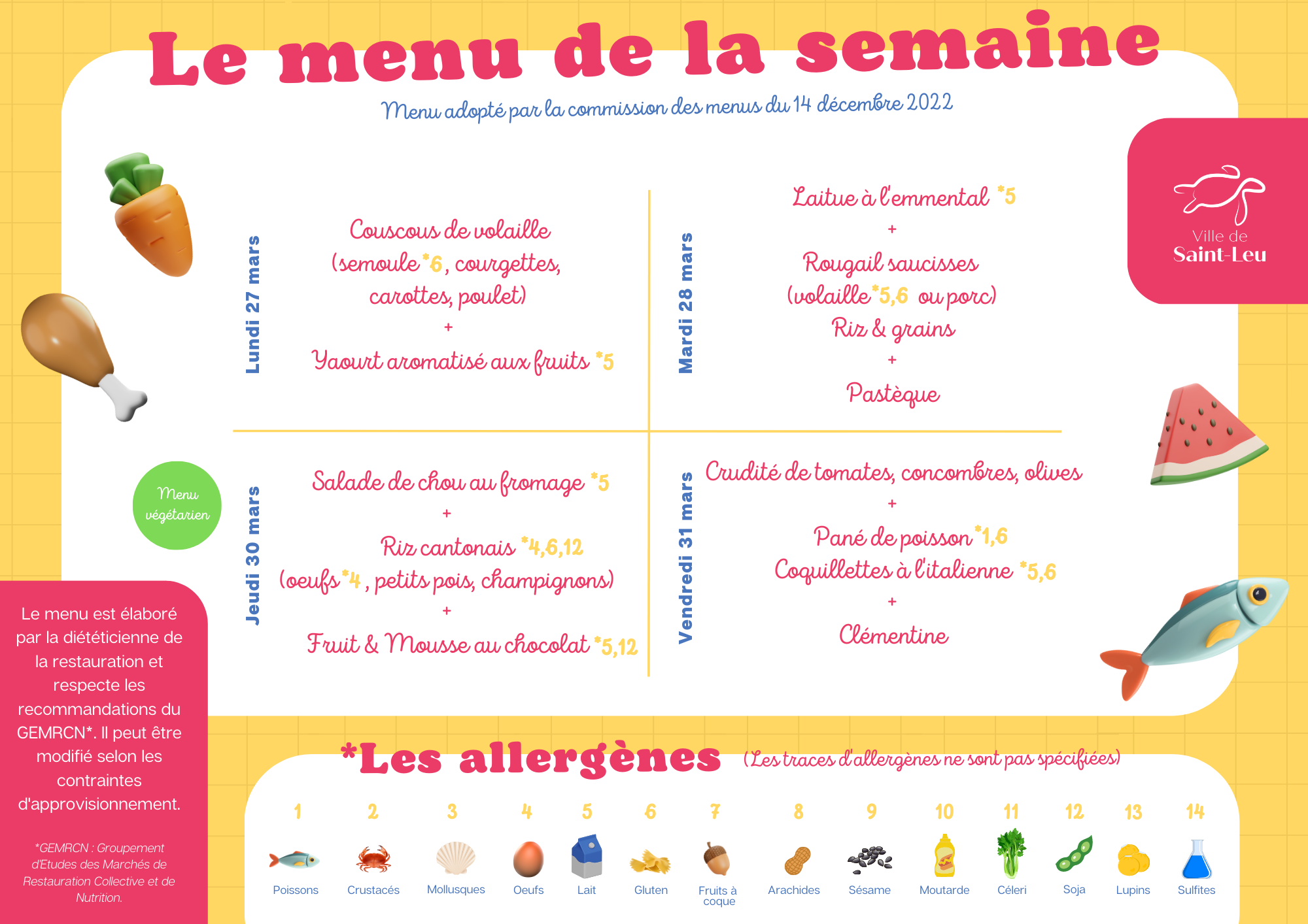 Restauration scolaire : menu du 27 au 31 mars 2023