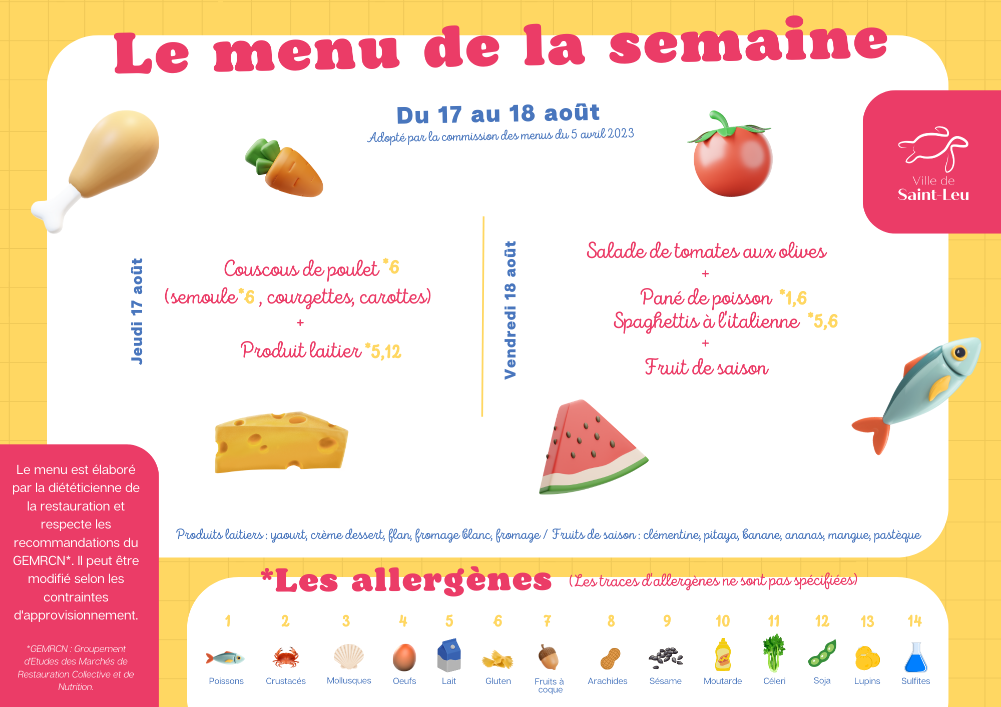 Restauration scolaire : menu du 17 au 18 août