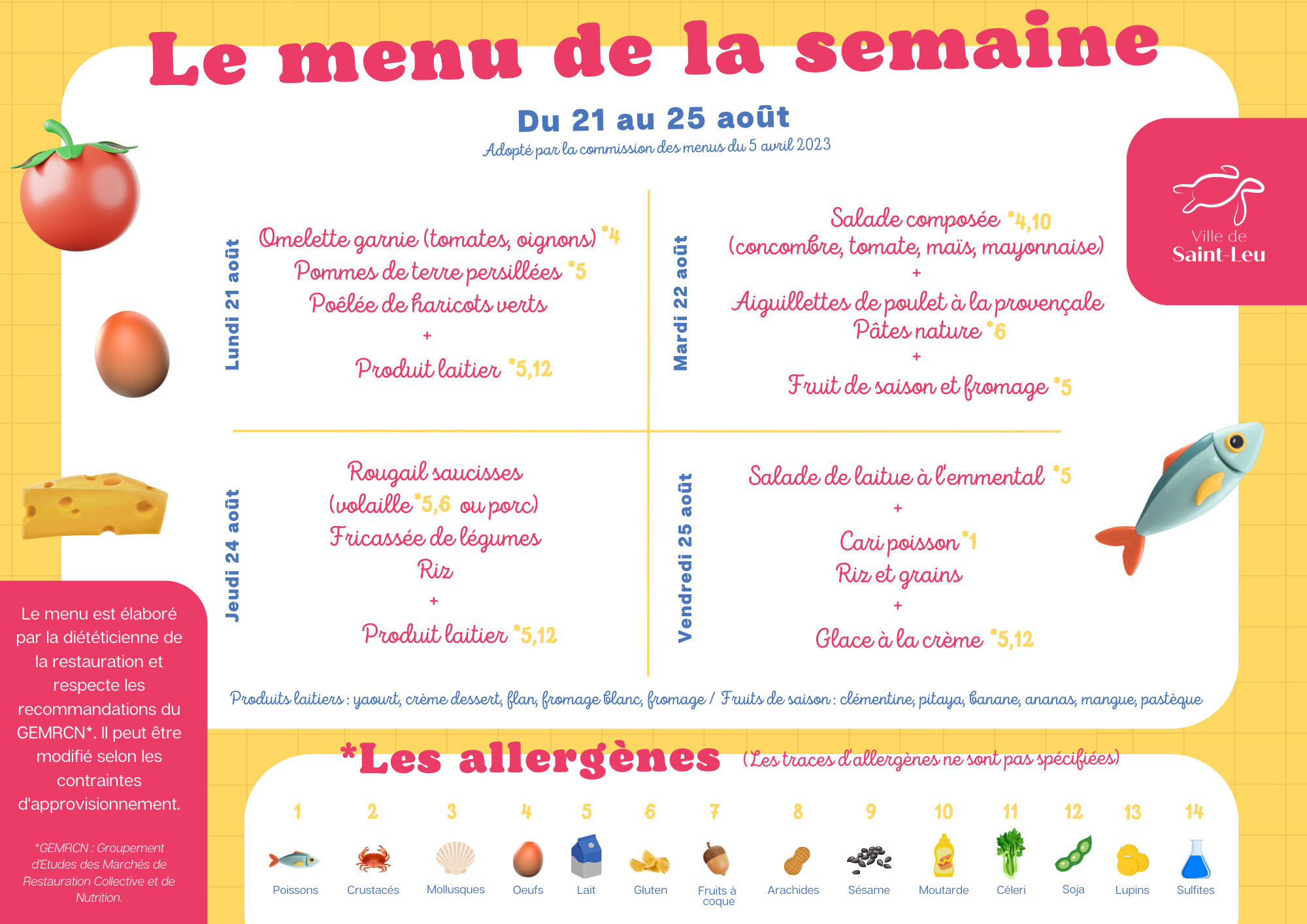 Restauration scolaire : menu du 21 au 25 août 2023