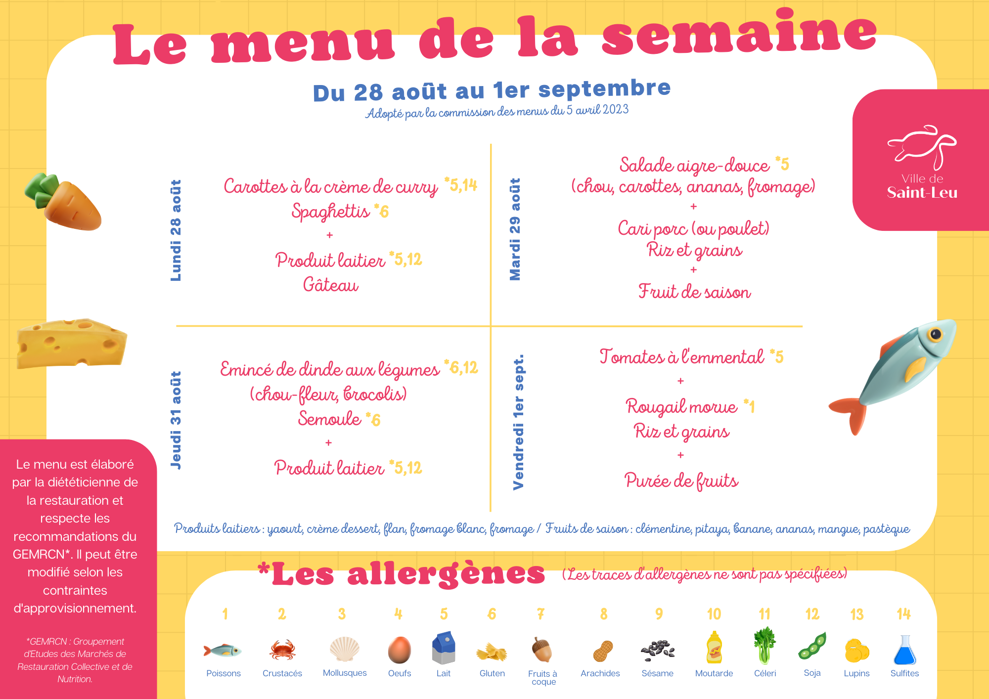 Restauration scolaire : menu du 28 août au 1er septembre