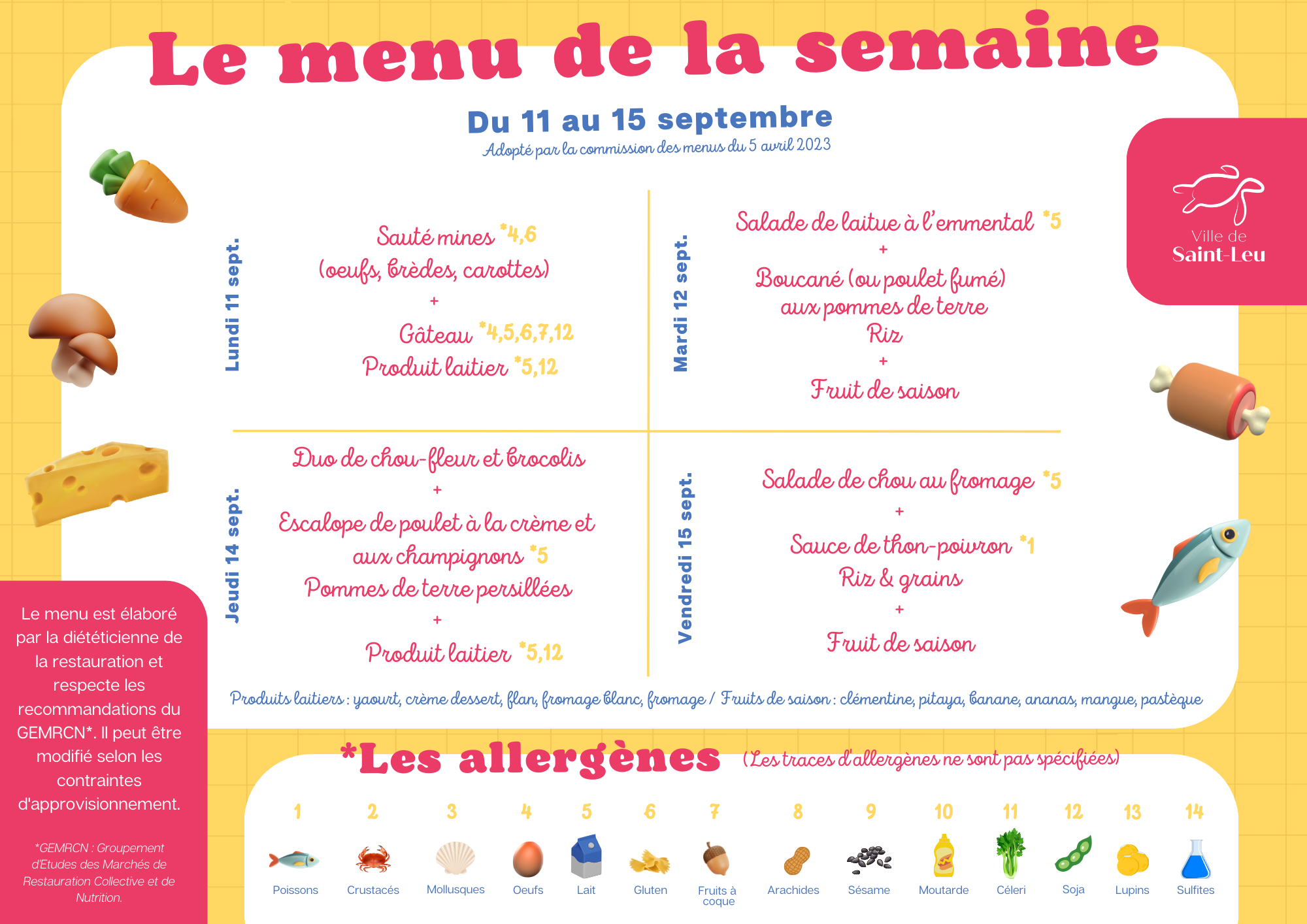 Restauration scolaire : menu du 11 au 15 septembre