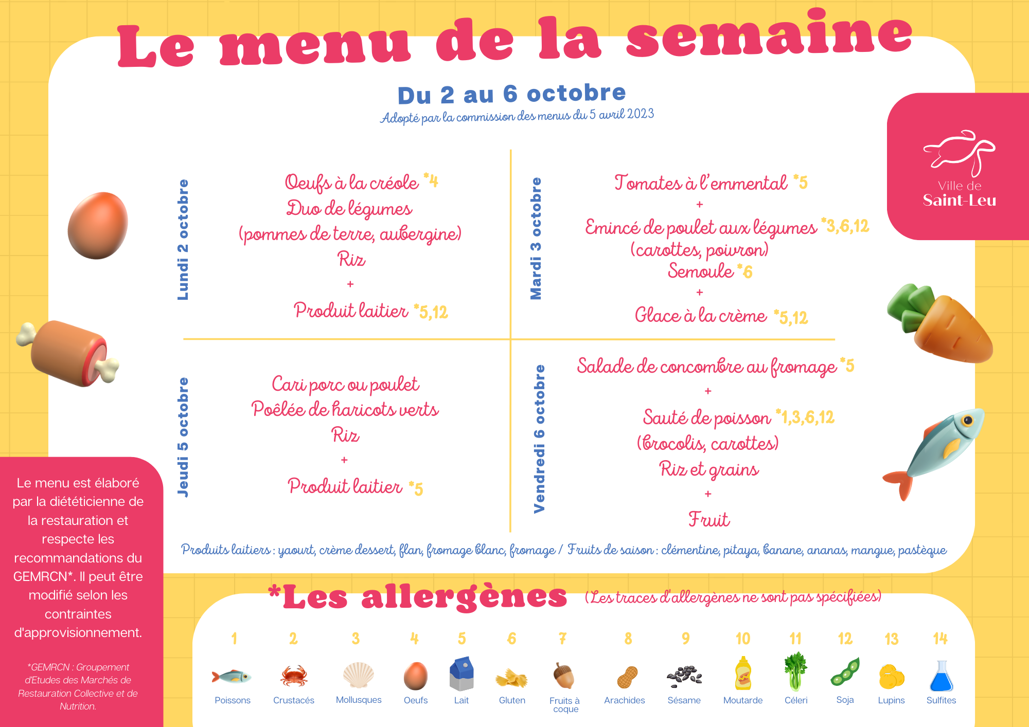 Restauration scolaire : menu du 2 au 6 octobre 2023