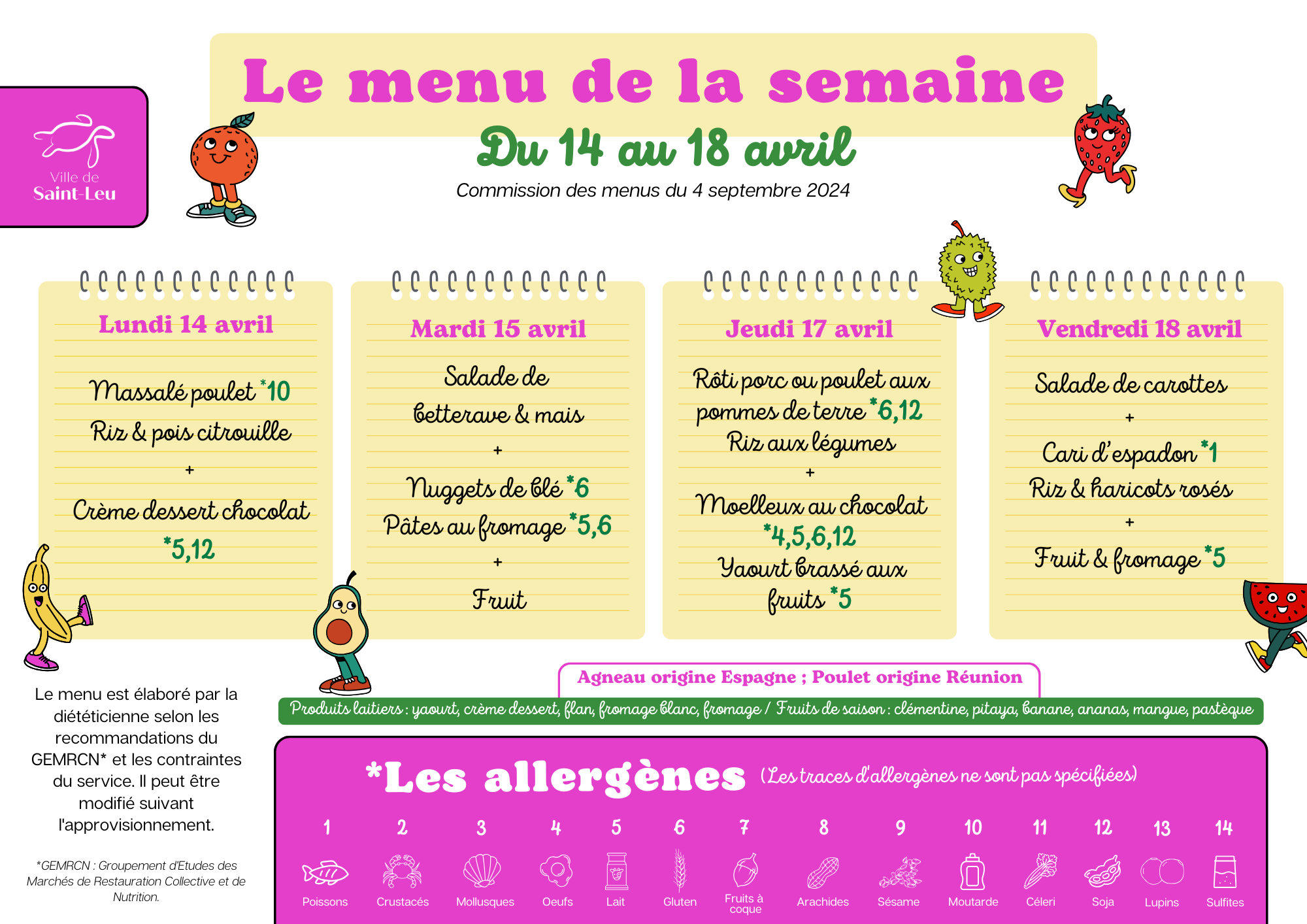 Restauration scolaire : menu du 14 au 18 avril