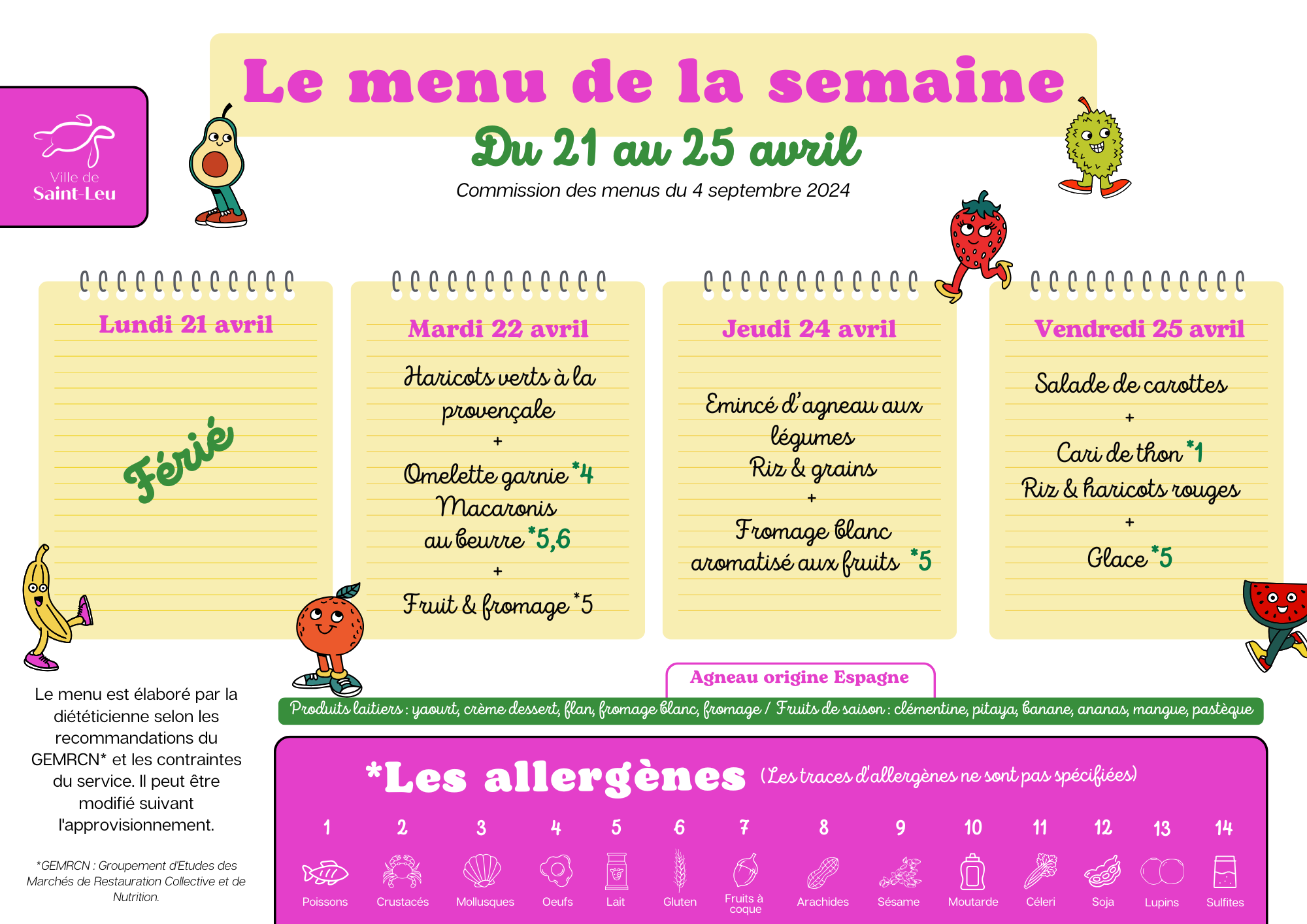 Restauration scolaire : menu du 21 au 25 avril 2025