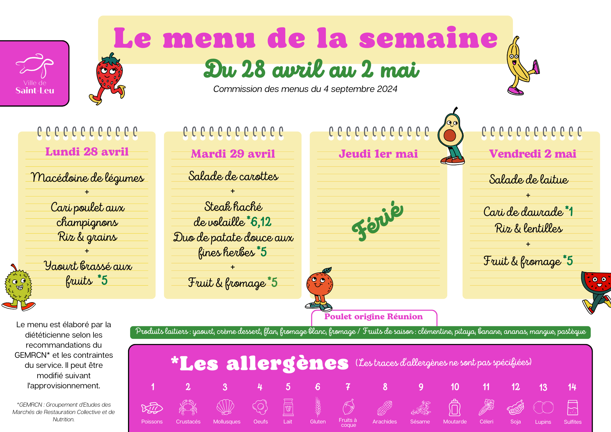 Restauration scolaire : menu du 28 avril au 2 mai 2025