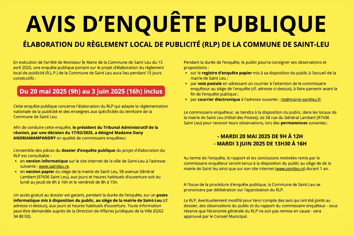 Avis d’enquête publique – Élaboration du Règlement Local de Publicité (RLP) de Saint-Leu