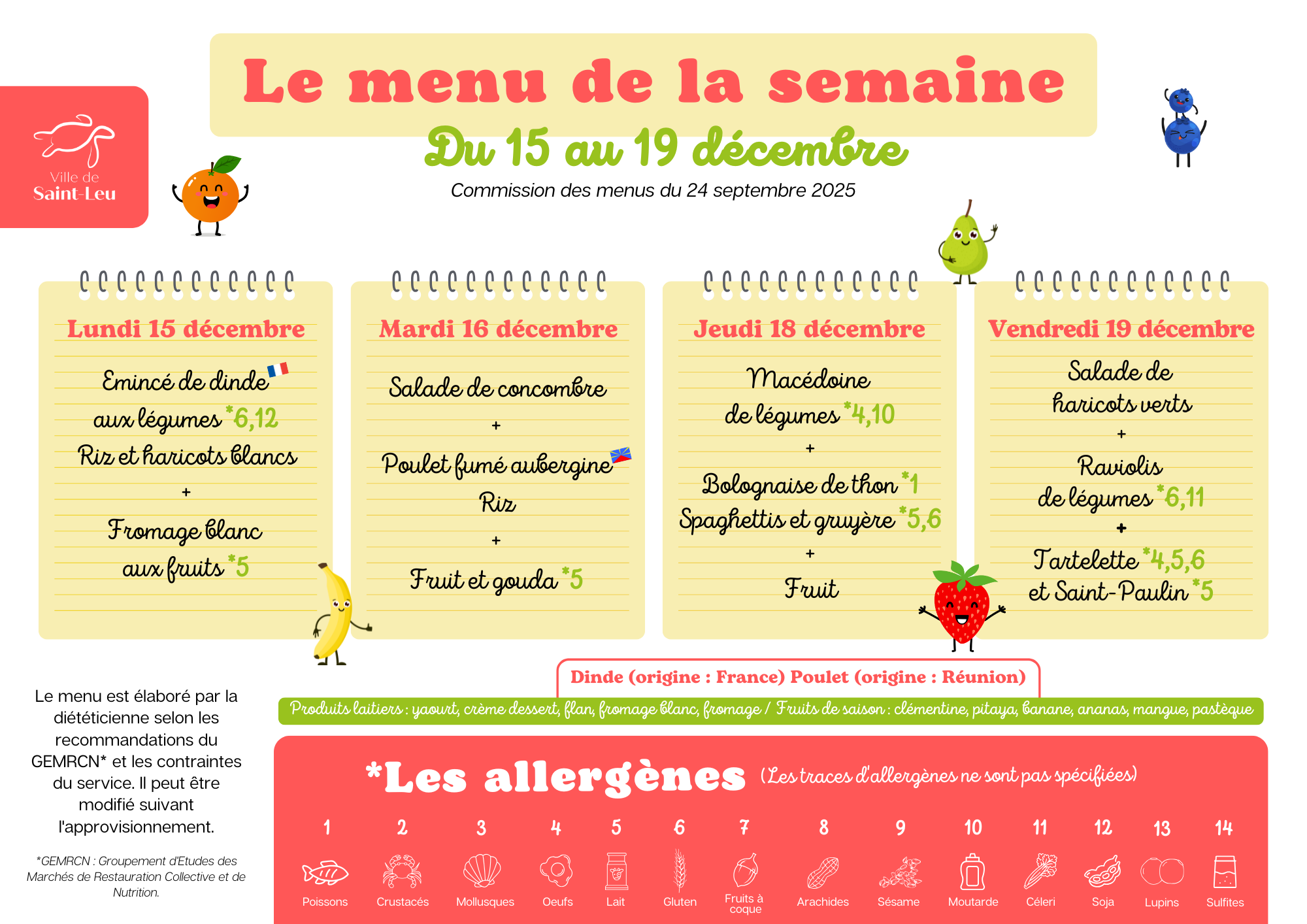 Restauration scolaire : menu du 15 au 19 décembre 2025