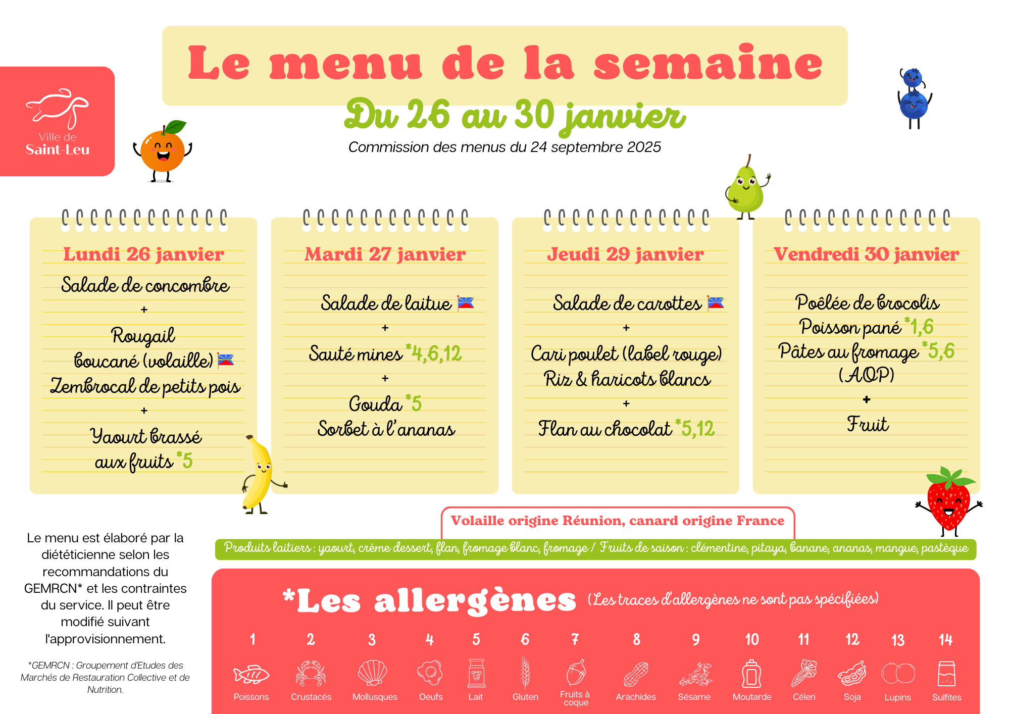 Restauration scolaire : menu du 26 au 30 janvier 2026