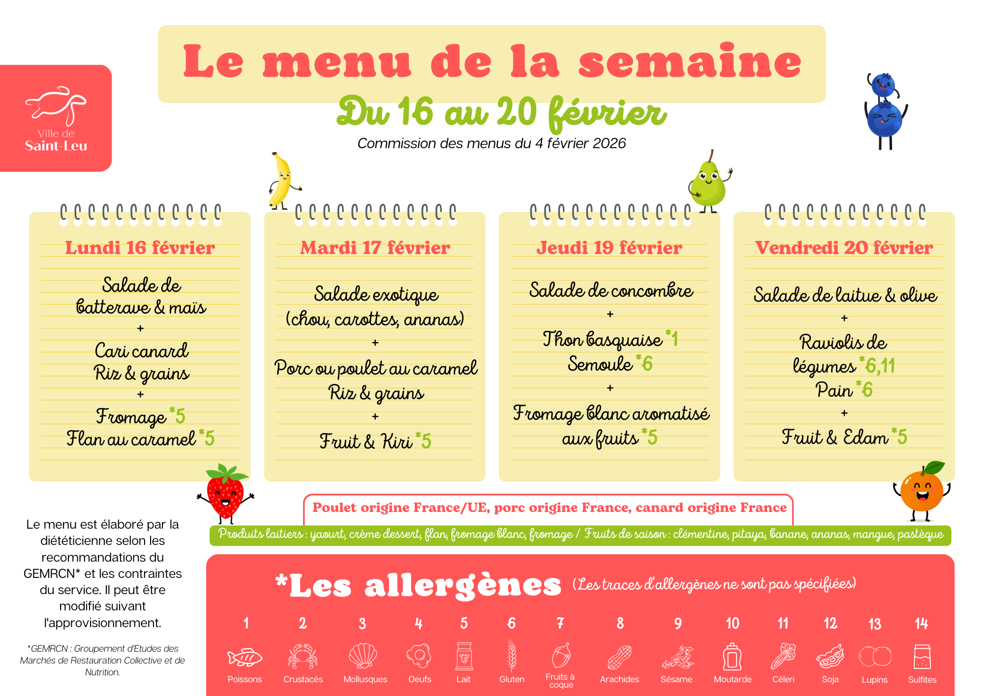 Restauration scolaire : menu du 16 au 20 février 2026
