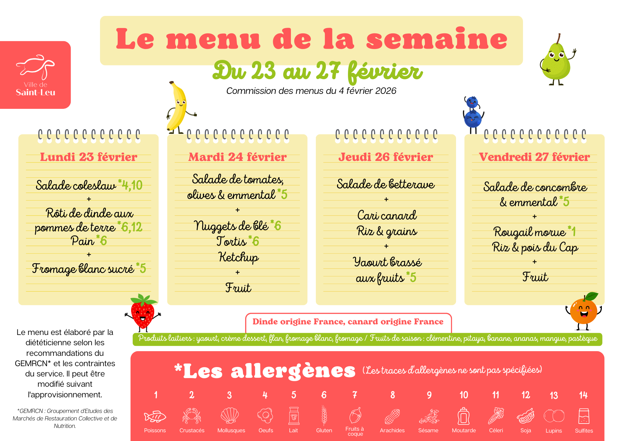 Restauration scolaire : menu du 23 au 27 février 2026