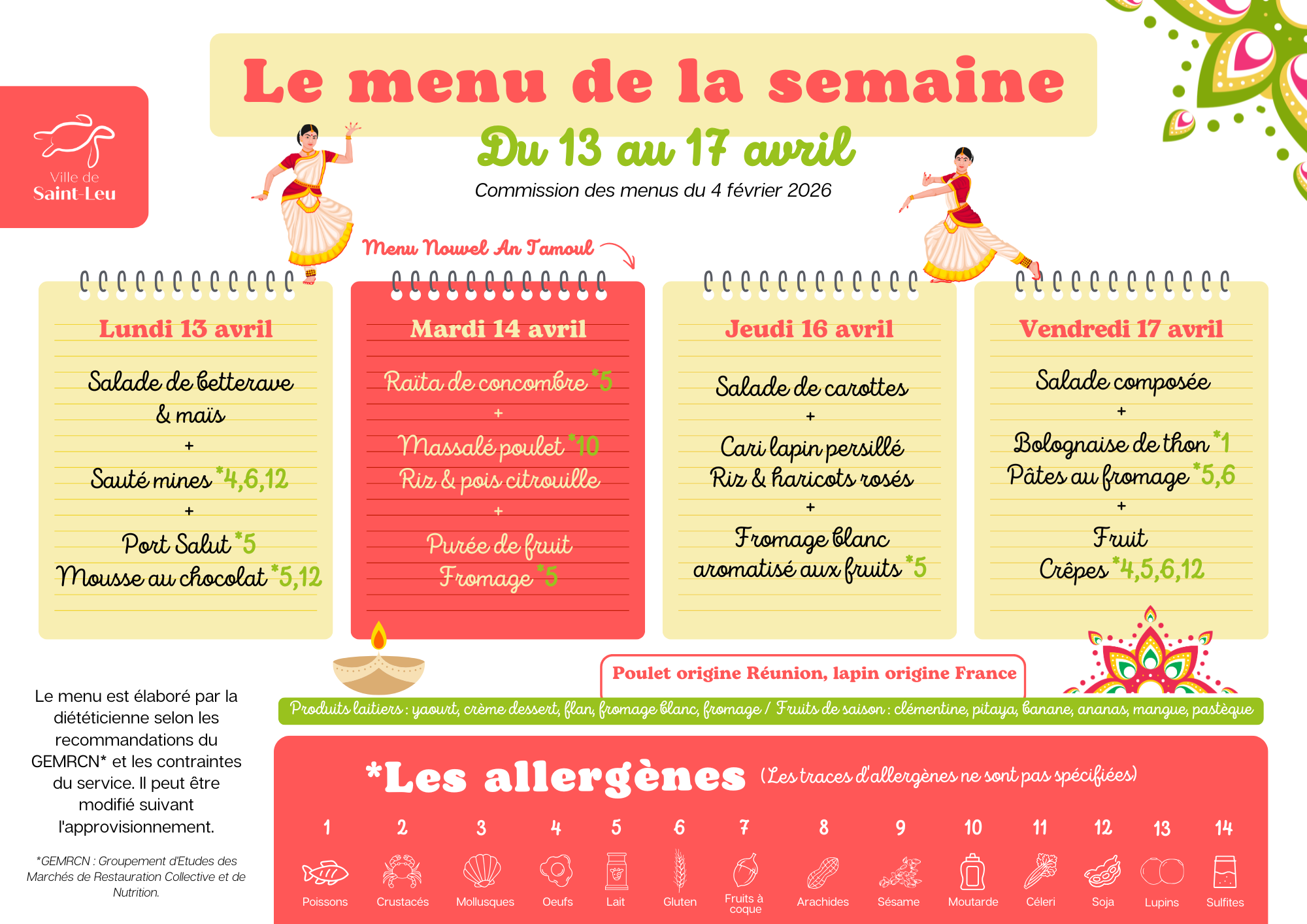 Restauration scolaire : menu du 13 au 17 avril