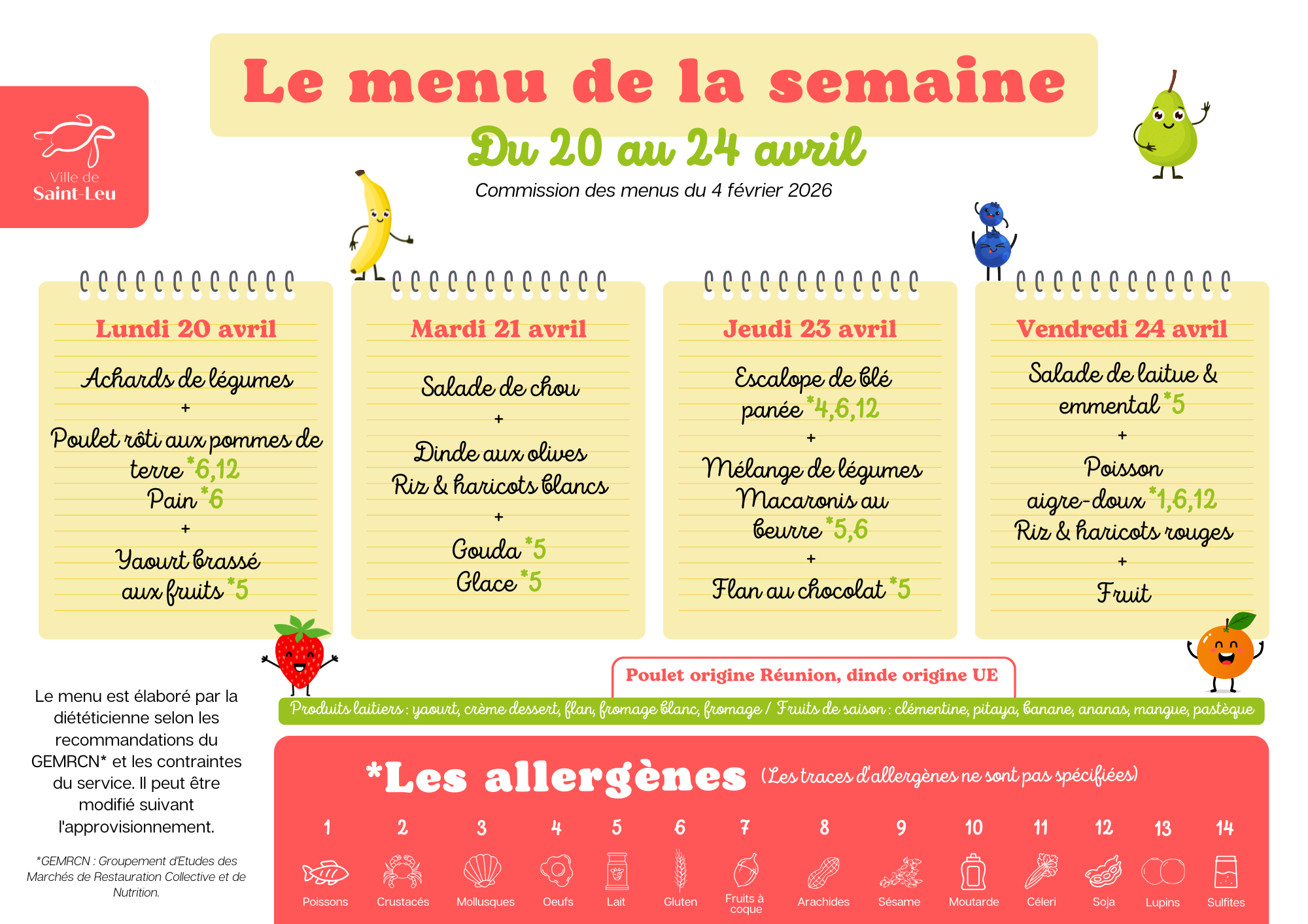 Restauration scolaire : menu du 20 au 24 avril 2026