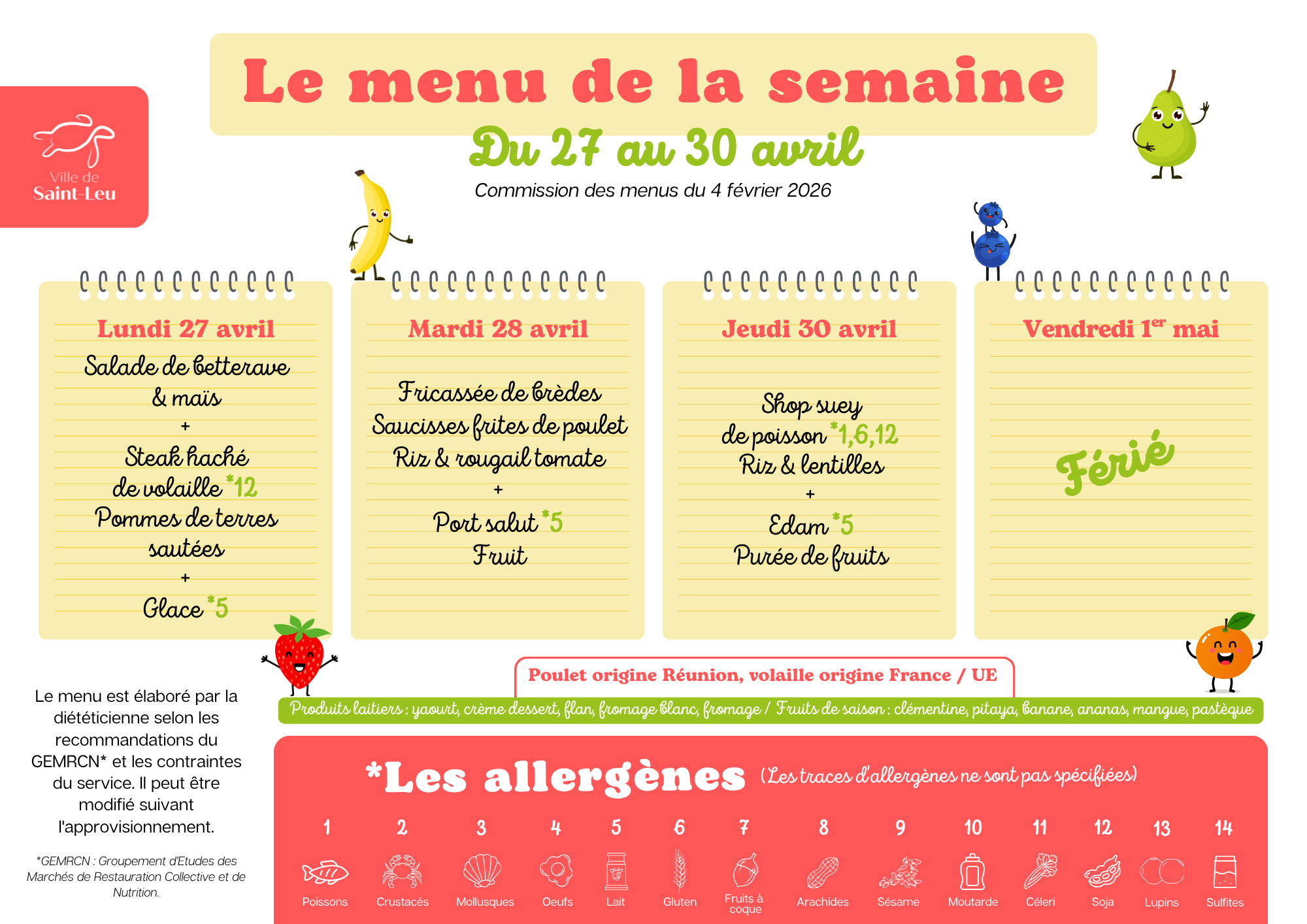 Restauration scolaire : menu du 24 au 30 avril