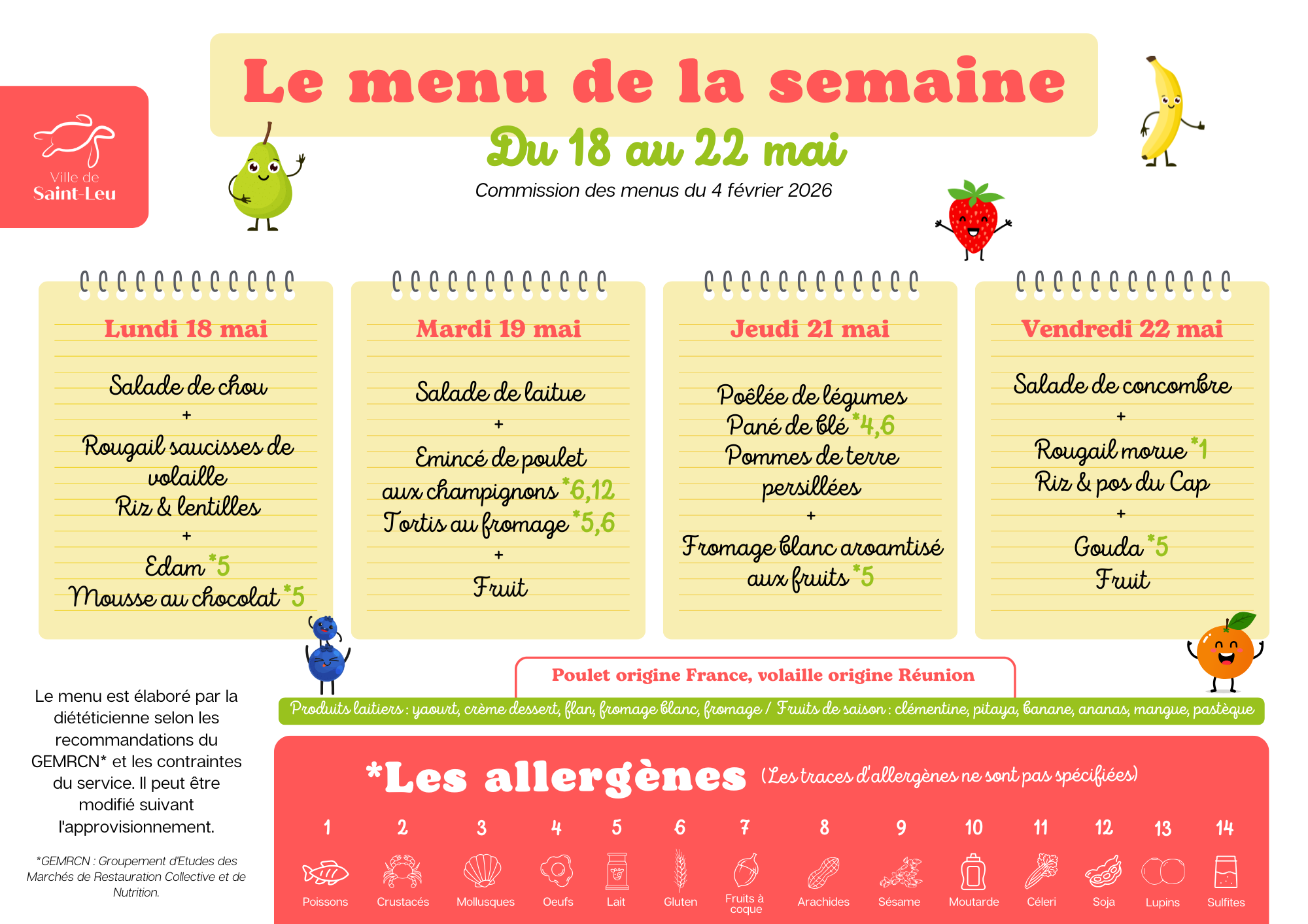 Restauration scolaire : menu du 18 au 22 mai 2026