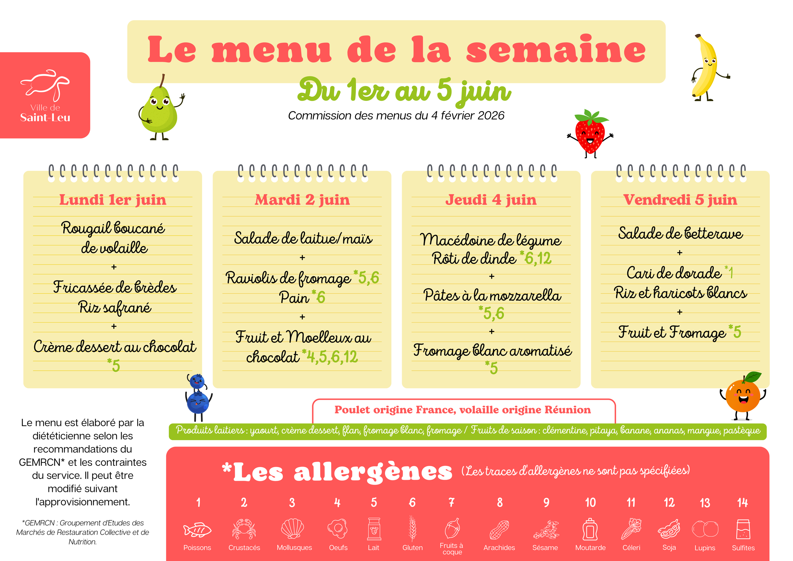 Restauration scolaire : menu du 1er au 5 juin 2026