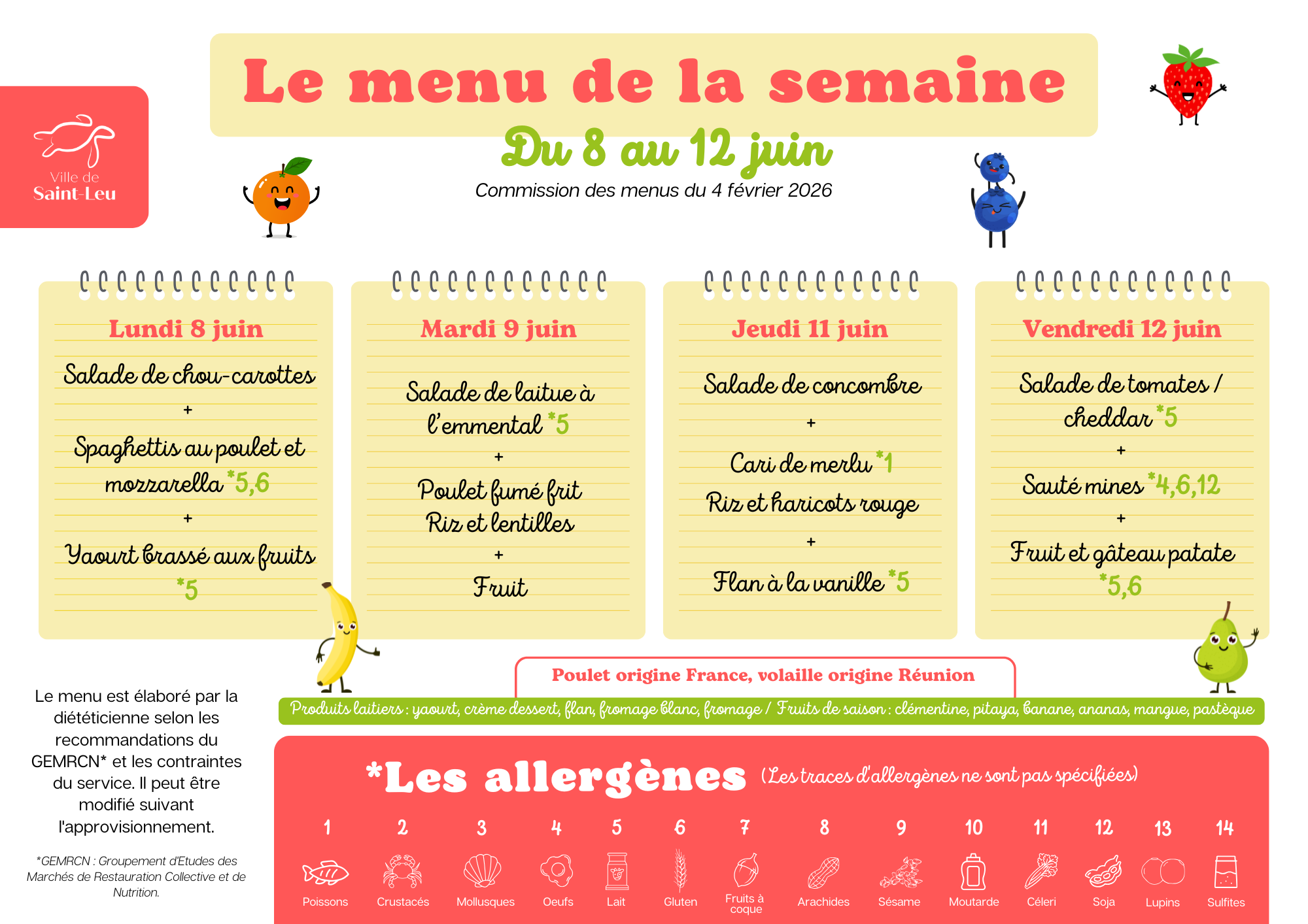 Restauration scolaire : menu du 8 au 12 juin 2026