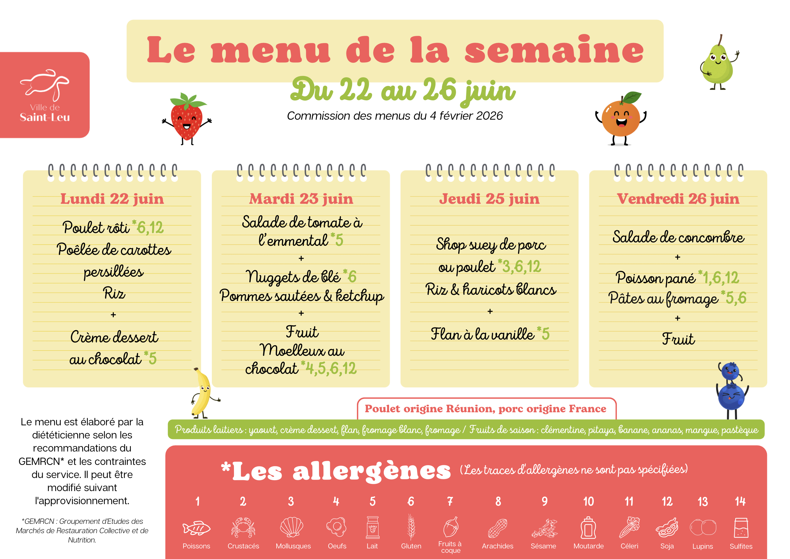 Restauration scolaire : menu du 22 au 26 juin 2026