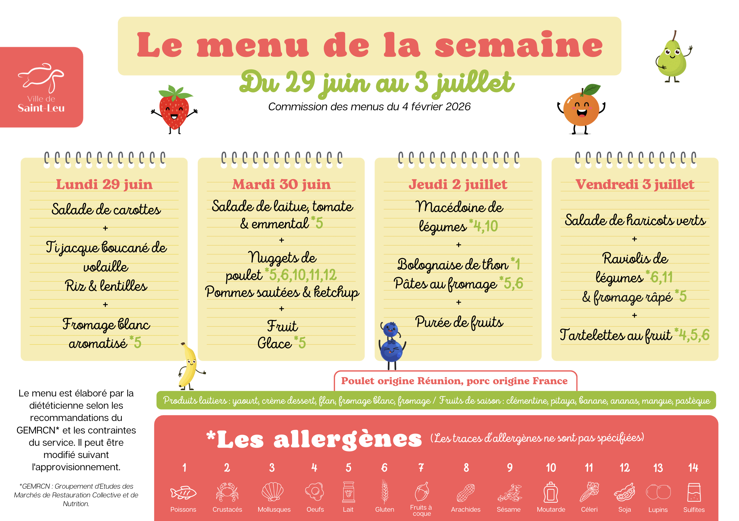 Restauration scolaire : menu du 29 juin au 3 juillet 2026